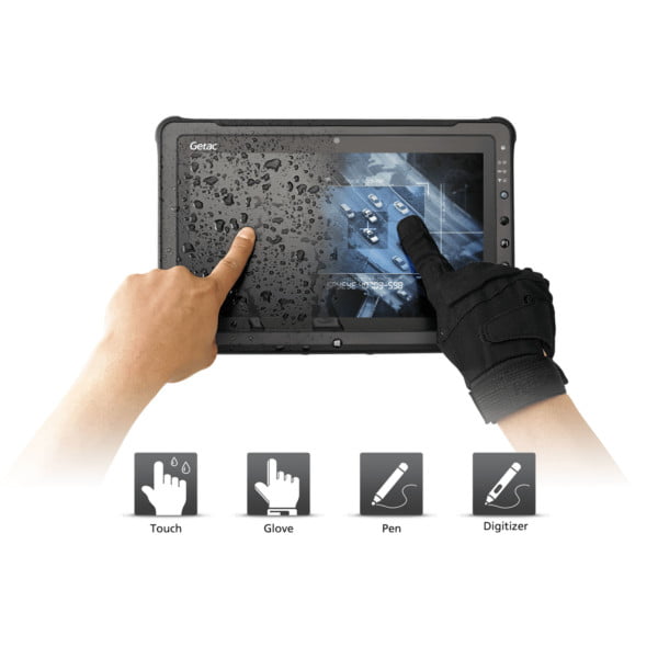 This image shows that the Getac F110g4 rugged tablet works even with wet hands, gloves, pen and digitizer