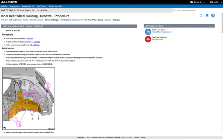 Screenshot of Alldata Body Repair Information